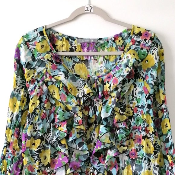 NY Collections Womens Multicolor Flared Sleeve Ruffle Floral Blouse Top Size L - Picture 2 of 6